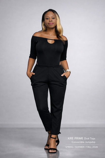KRE Prime black convertible jumpsuit with off-the-shoulder neckline and keyhole detail, 3-piece set