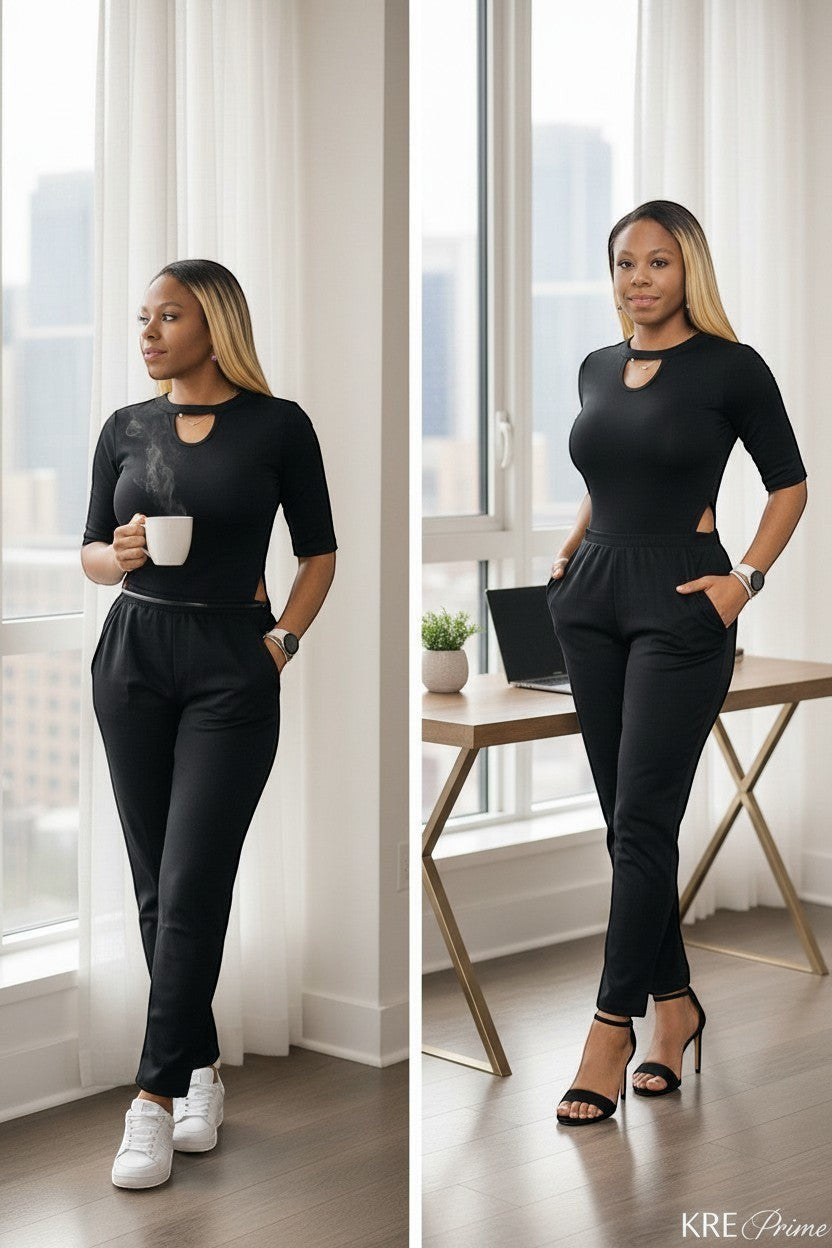 KRE Prime black convertible jumpsuit with two interchangeable tops, featuring a keyhole neckline and 3/4 sleeves.