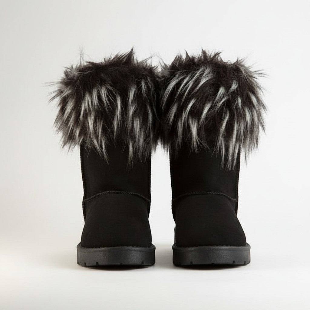 KRE Prime Women's black winter boots with fluffy black and white faux fur trim. Mid-calf height.