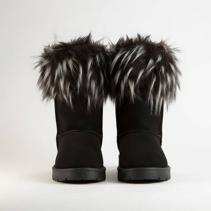 KRE Prime Women's black winter boots with fluffy black and white faux fur trim. Mid-calf height.