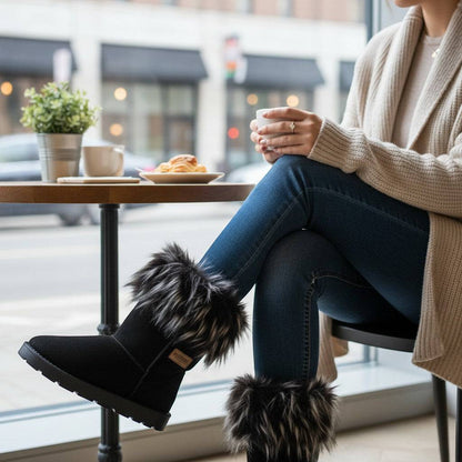 KRE Prime Women's black suede winter boots with fluffy black and white faux fur trim. Sitting at a cafe table.