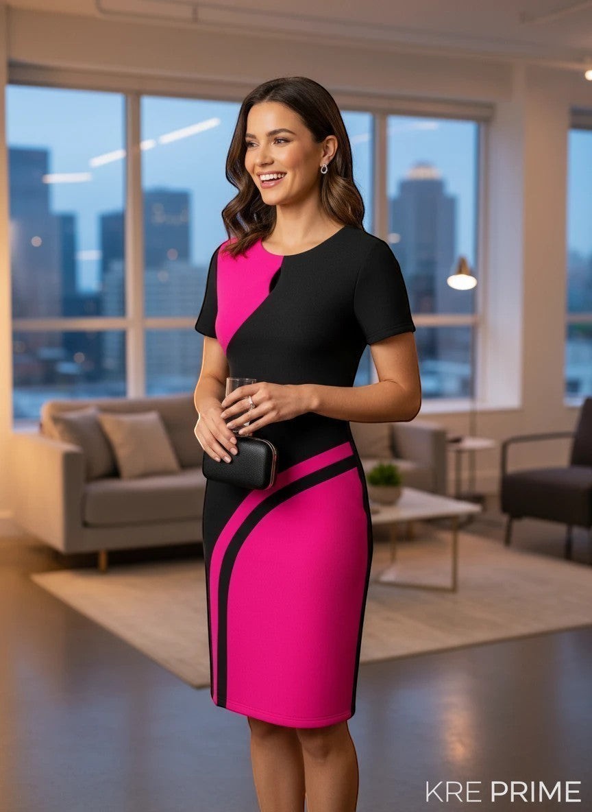 KRE Prime black and pink colorblock short sleeve knee-length dress with a round neck and a side slit.