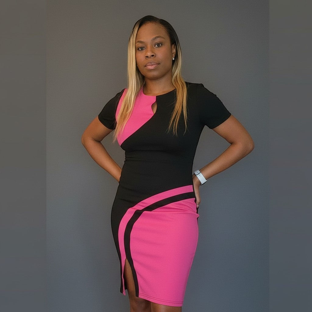 KRE Prime black and pink short sleeve knee-length dress with a round neck and a thigh slit. Made of viscose, polyester, and elastane.