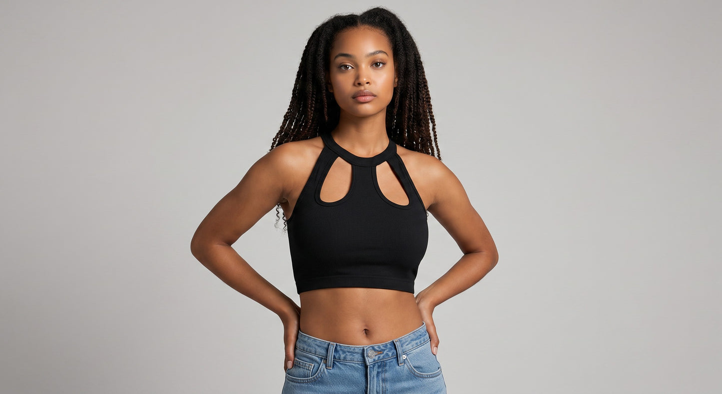 KRE PRIME black ribbed crop top with cut-out detail and halter neck, made from polyester and elastane blend.