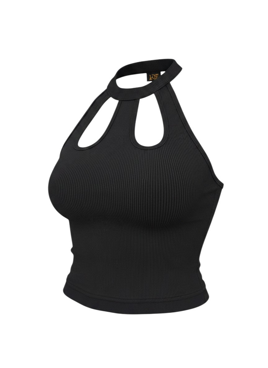 KRE PRIME Women's black ribbed crop top with cut-out detail and high neckline. Made from polyester and elastane.