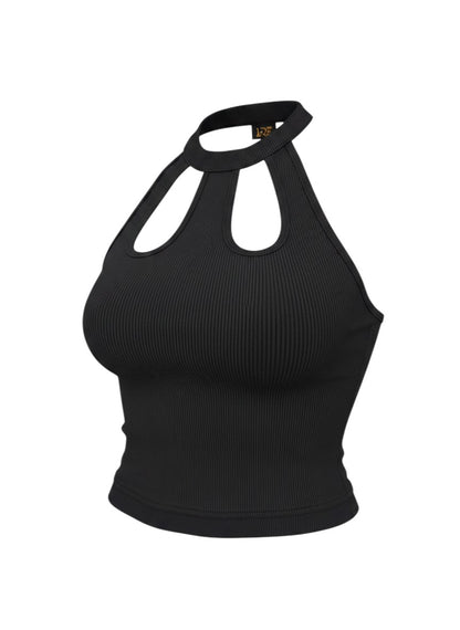 KRE PRIME Women's black ribbed crop top with cut-out detail and high neckline. Made from polyester and elastane.