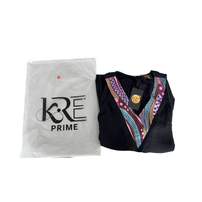 KRE Prime black sleeveless V-neck romper with colorful geometric print trim, belted waist, and pockets. 100% polyester.