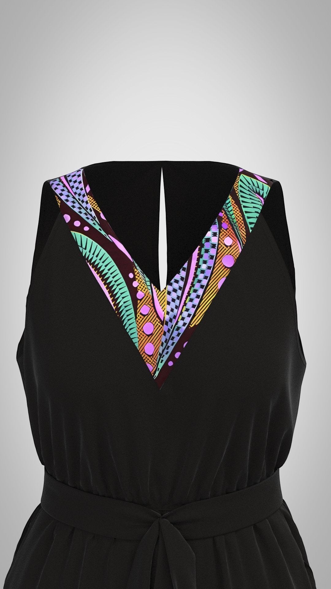 KRE Prime black sleeveless V-neck romper with a colorful patterned trim, belted waist, and pockets. 100% polyester.