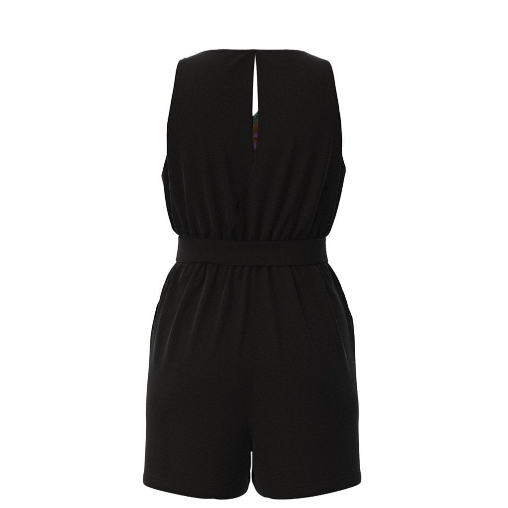 KRE Prime black sleeveless V-neck romper with belted waist and pockets. 100% polyester.