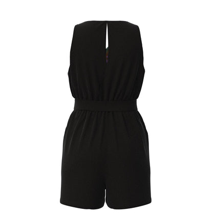 KRE Prime black sleeveless V-neck romper with belted waist and pockets. 100% polyester.