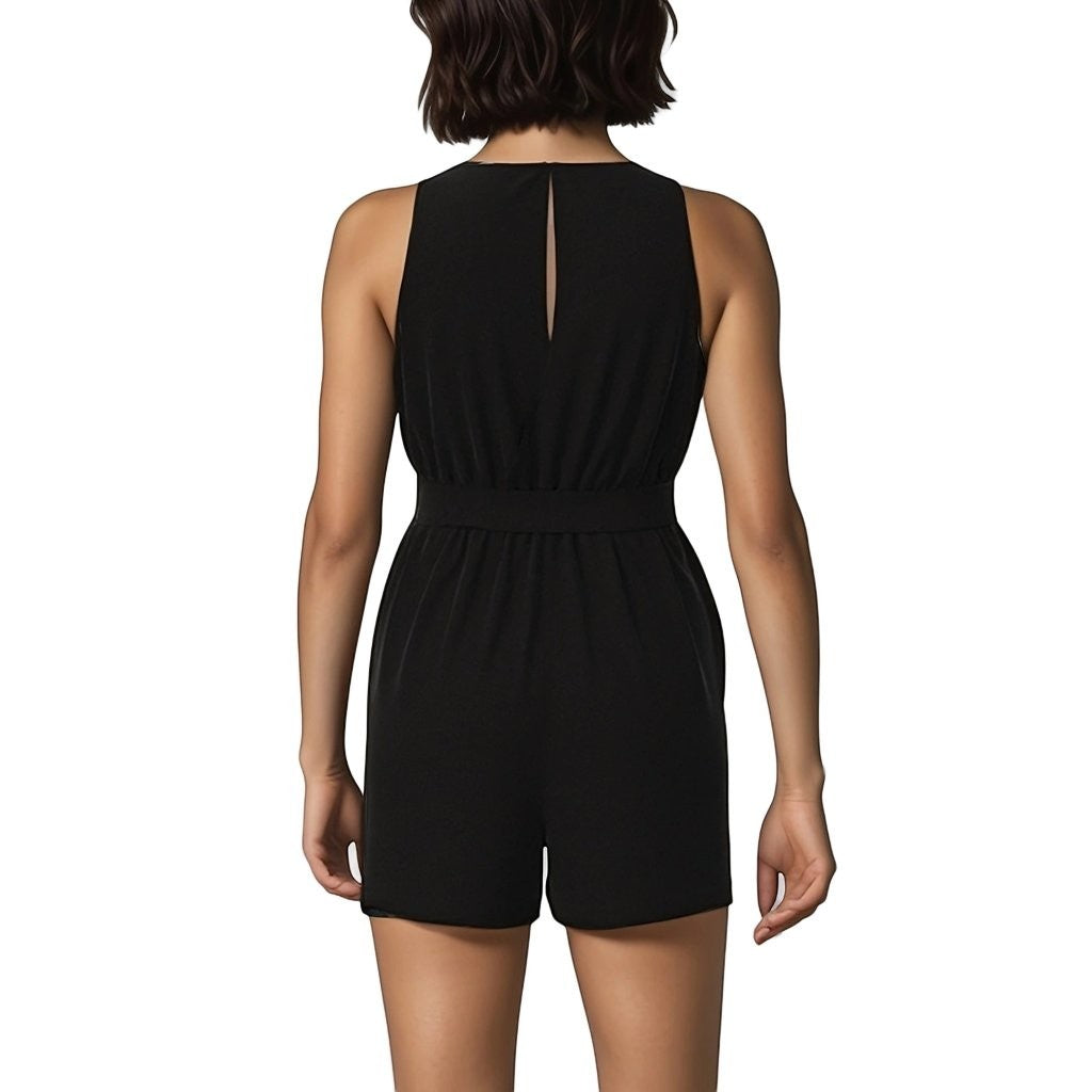 KRE Prime black sleeveless V-neck romper with belt and pockets, made of polyester.