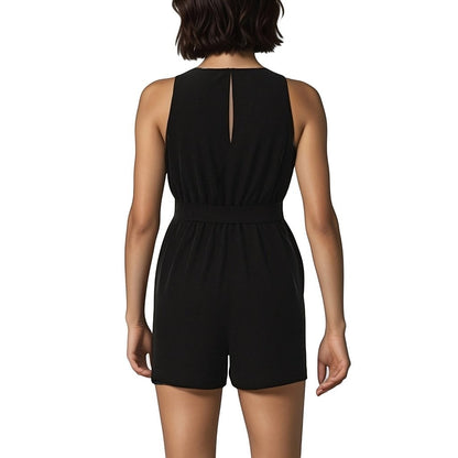 KRE Prime black sleeveless V-neck romper with belt and pockets, made of polyester.