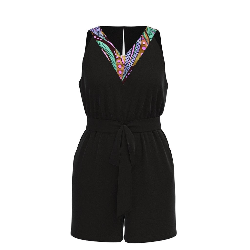 KRE Prime black sleeveless V-neck romper with colorful patterned trim, belted waist, and pockets. 100% polyester.
