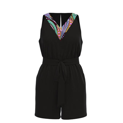 KRE Prime black sleeveless V-neck romper with colorful patterned trim, belted waist, and pockets. 100% polyester.