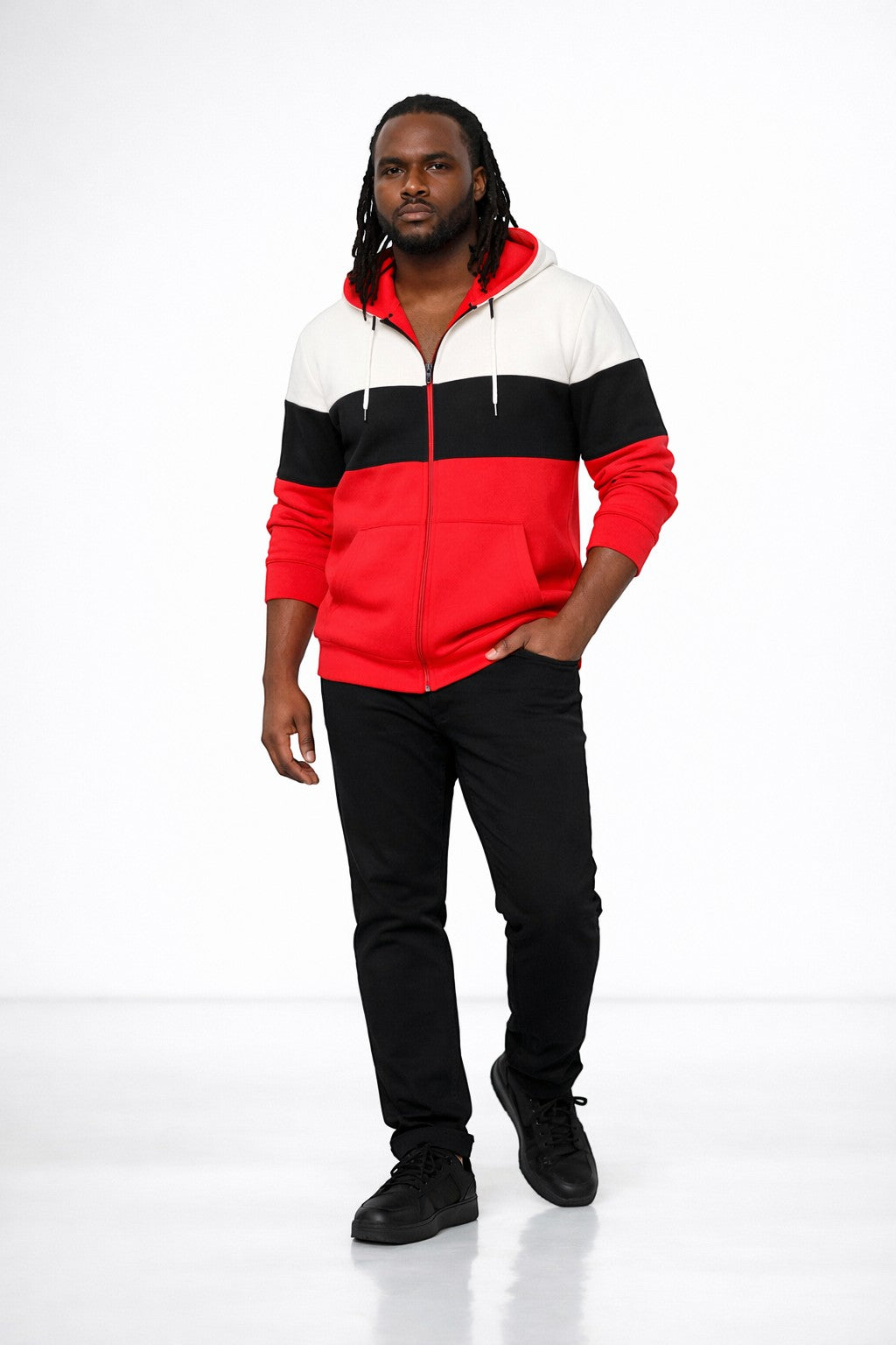 KRE Prime Unisex zip-up hoodie in red, black, and white colorblock. Features kangaroo pocket, drawstring hood, and ribbed cuffs.