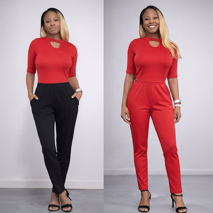KRE Prime Women's black pants and red top set, or red jumpsuit. Convertible design with two tops.