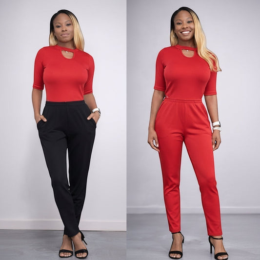 KRE Prime Women's black pants and red top set, or red jumpsuit. Convertible design with two tops.
