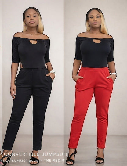 KRE Prime Women's black and red convertible jumpsuit with off-the-shoulder neckline and keyhole detail. Stretch fabric.