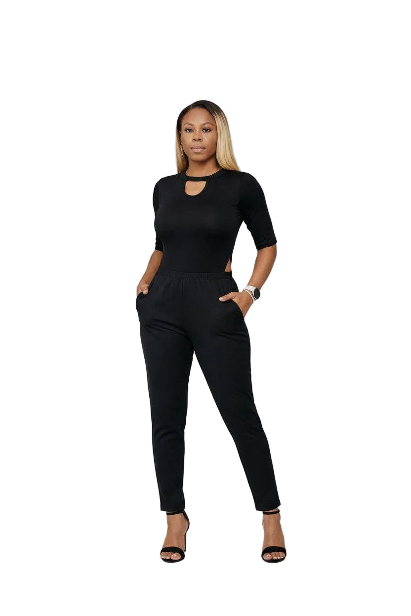 KRE Prime women's black dual-top convertible jumpsuit with keyhole neckline, stylish and versatile for various looks.