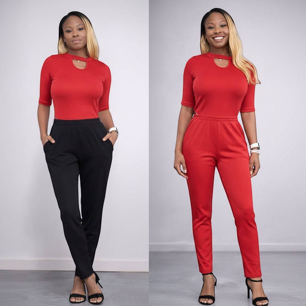 KRE Prime women's dual-top convertible jumpsuit in black and red, featuring a stylish, versatile design for comfortable wear.