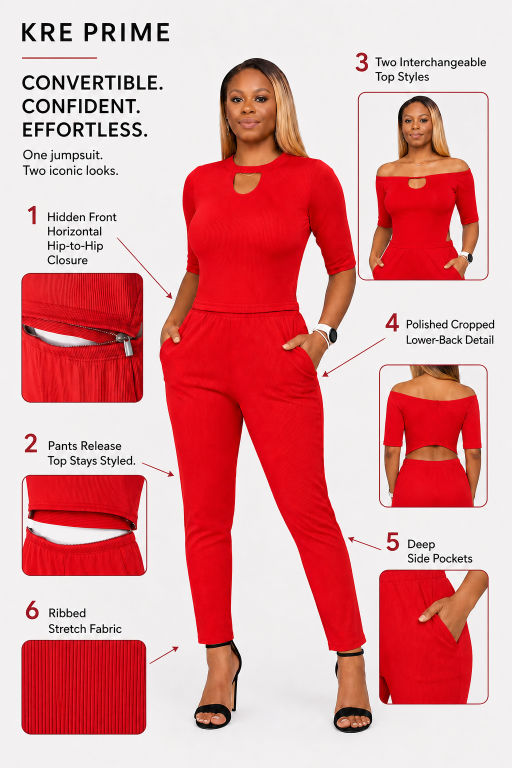 KRE PRIME red convertible jumpsuit feature guide showing the hidden front horizontal hip-to-hip closure, interchangeable top styles, polished cropped lower-back detail, side pockets, and ribbed stretch fabric.