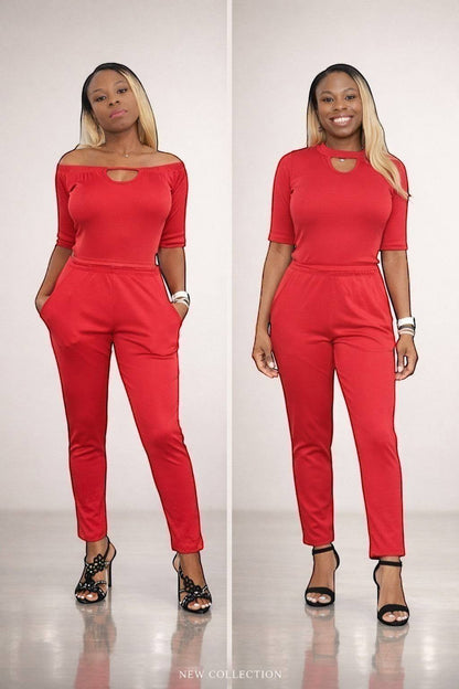 KRE Prime women's red dual-top convertible jumpsuit showing its versatile design and stylish fit.