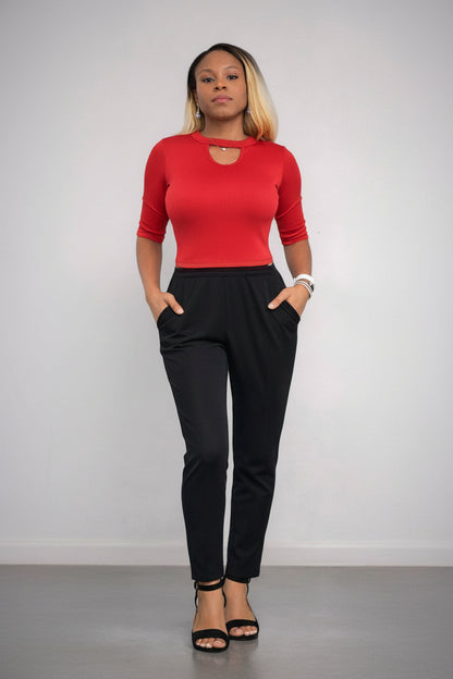 KRE Prime women's dual-top convertible jumpsuit in black and red, featuring a versatile design and stylish fit.