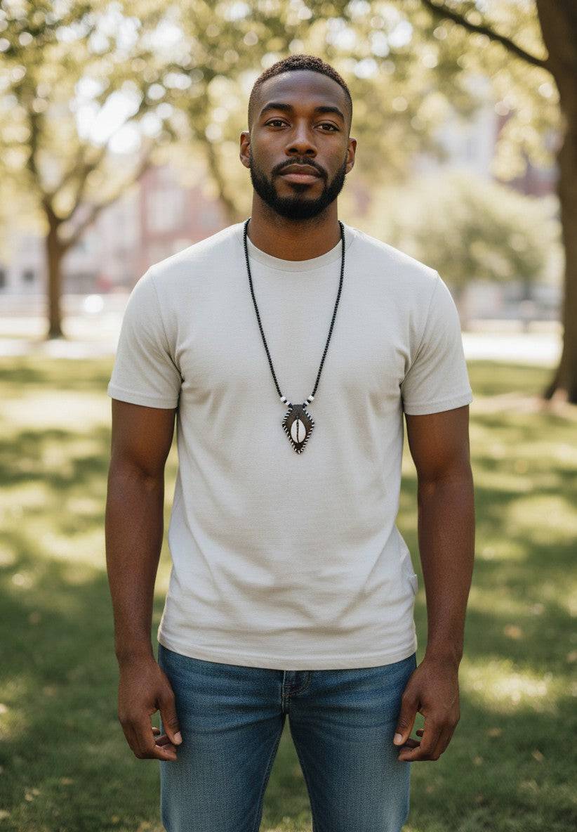 KRE Prime Unisex handcrafted necklace with black beads and a diamond-shaped pendant featuring a cowry shell.