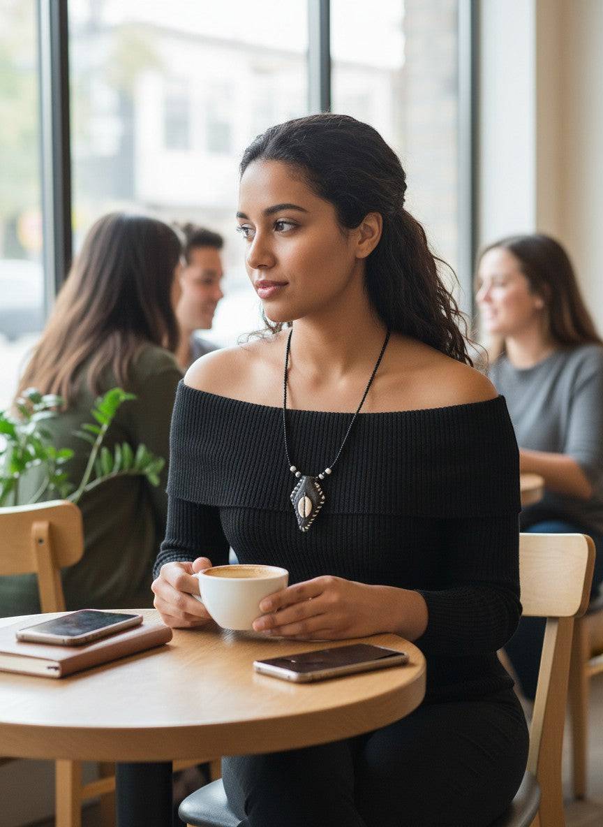 KRE Prime handcrafted unisex necklace with cowry shell pendant and black beads, worn by a woman in a black off-the-shoulder top.
