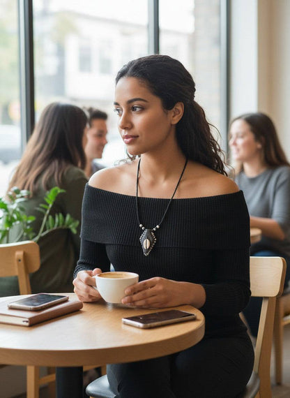 KRE Prime handcrafted unisex necklace with cowry shell pendant and black beads, worn by a woman in a black off-the-shoulder top.