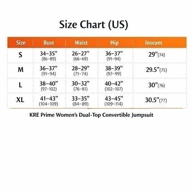 KRE Prime Women’s Dual-Tops Convertible Jumpsuit size chart with bust, waist, hip, and inseam measurements for sizes S, M, L, XL.