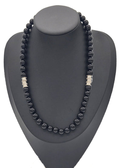 KRE Prime Men 18-inch Eclipse Bead Necklace featuring black beads on a silver-tone chain, stylish men's jewelry accessory