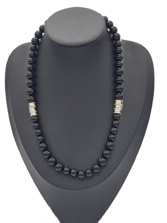 KRE Prime Men 18-inch Eclipse Bead Necklace featuring black beads on a silver-tone chain, stylish men's jewelry accessory