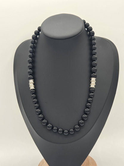 KRE PRIME Men’s 18-inch Eclipse Bead Necklace, black and silver beads, stylish men’s jewelry accessory.