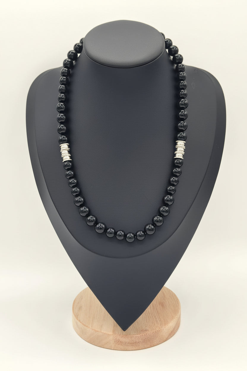KRE PRIME Men 18-inch Eclipse Bead Necklace featuring black beads and a silver clasp, stylish men's jewelry accessory.