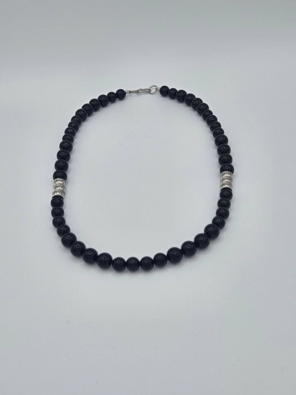 KRE PRIME Men 18-inch Eclipse Bead Necklace with black beads and silver clasp, stylish men's jewelry accessory.