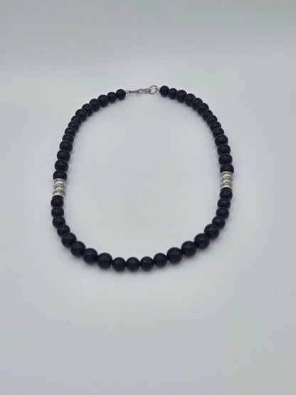 KRE PRIME Men 18-inch Eclipse Bead Necklace with black beads and silver clasp, stylish men's jewelry accessory.