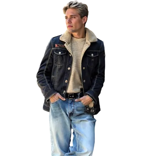 KRE PRIME men's denim jean jacket with warm faux-fur lining