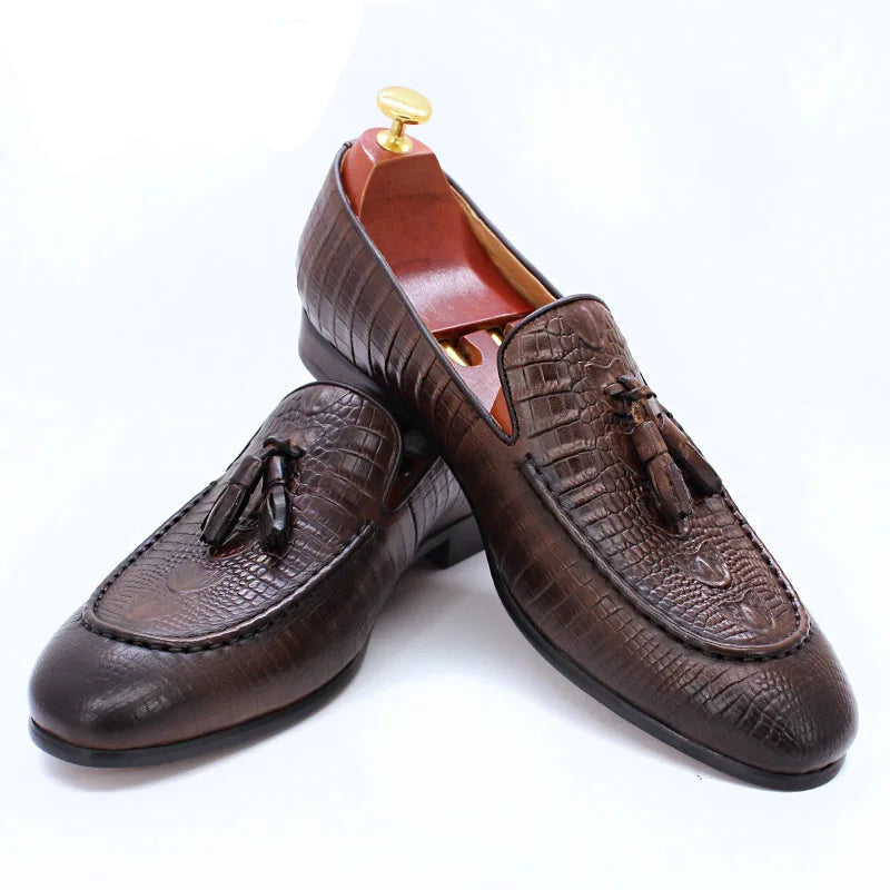 KRE PRIME Men Loafers Shoes Black Coffee Crocodile Prints Slip on Tassels Loafers Casual Men Shoes Formal Dress Leather Shoes Men - KRE Prime
