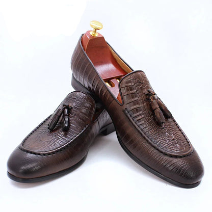 KRE PRIME Men Loafers Shoes Black Coffee Crocodile Prints Slip on Tassels Loafers Casual Men Shoes Formal Dress Leather Shoes Men - KRE Prime