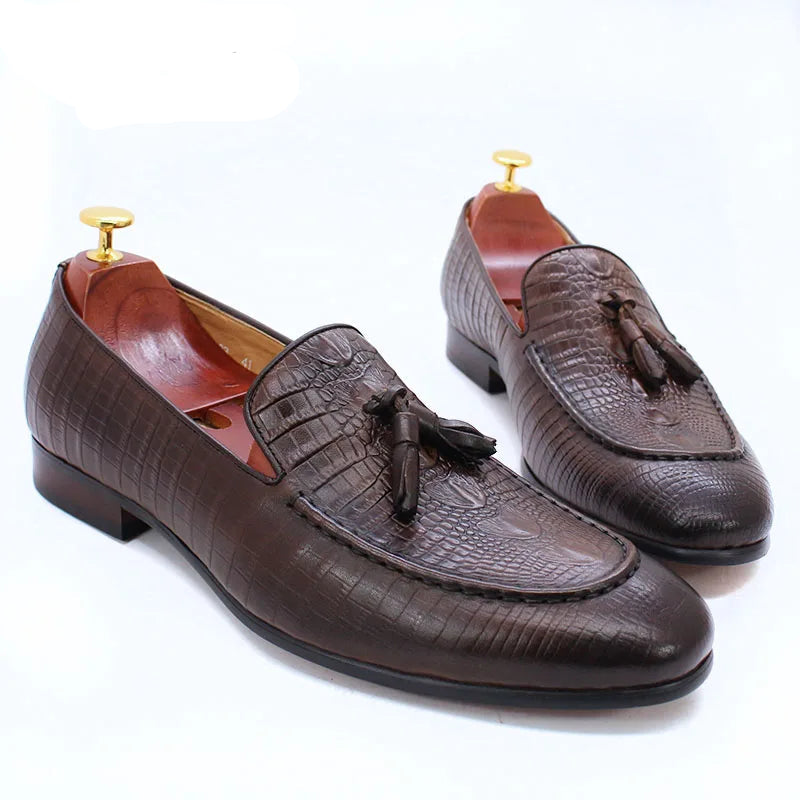 KRE PRIME Men Loafers Shoes Black Coffee Crocodile Prints Slip on Tassels Loafers Casual Men Shoes Formal Dress Leather Shoes Men - KRE Prime