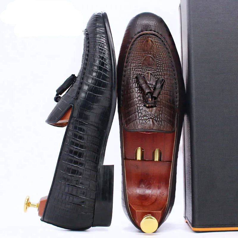 KRE PRIME Men Loafers Shoes Black Coffee Crocodile Prints Slip on Tassels Loafers Casual Men Shoes Formal Dress Leather Shoes Men - KRE Prime