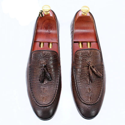 KRE PRIME Men Loafers Shoes Black Coffee Crocodile Prints Slip on Tassels Loafers Casual Men Shoes Formal Dress Leather Shoes Men - KRE Prime
