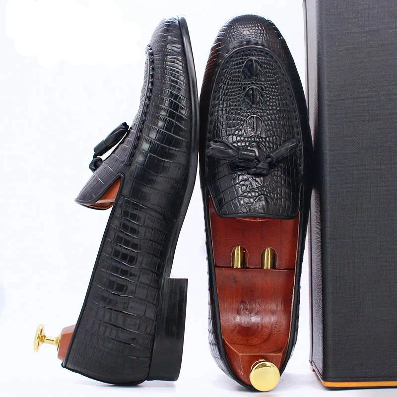 KRE PRIME Men Loafers Shoes Black Coffee Crocodile Prints Slip on Tassels Loafers Casual Men Shoes Formal Dress Leather Shoes Men - KRE Prime