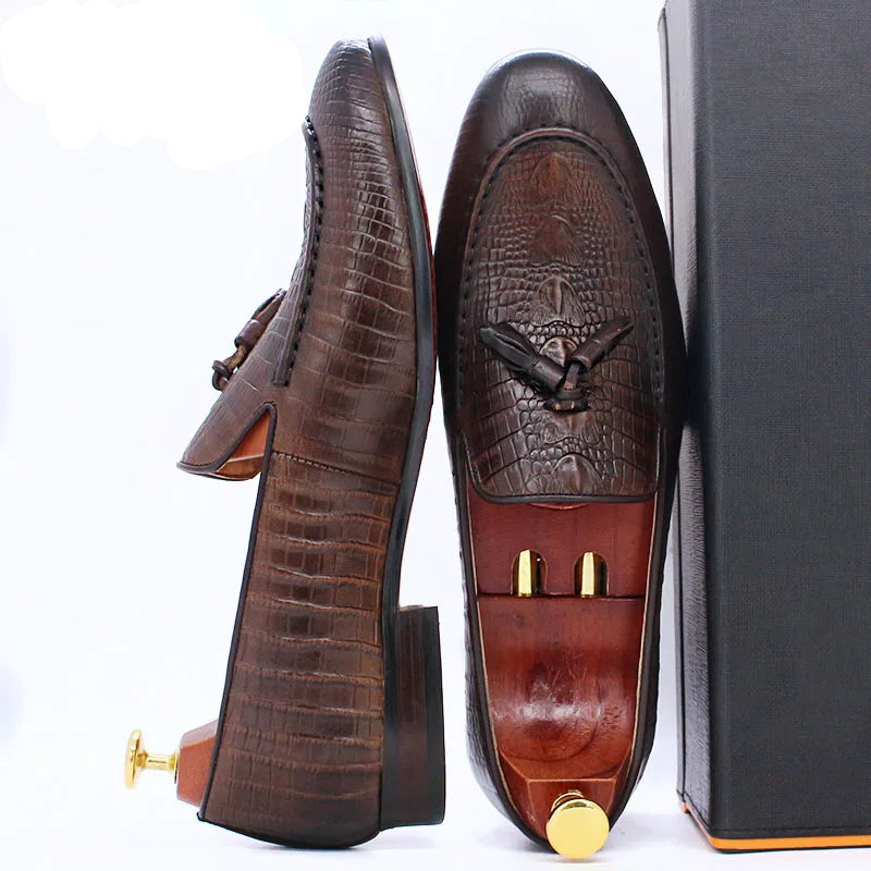 KRE PRIME Men Loafers Shoes Black Coffee Crocodile Prints Slip on Tassels Loafers Casual Men Shoes Formal Dress Leather Shoes Men - KRE Prime