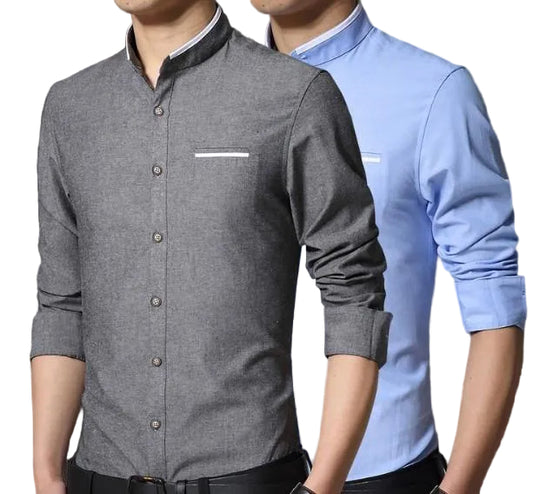 KRE PRIME men's cotton-blend Mandarin collar shirt in gray and blue