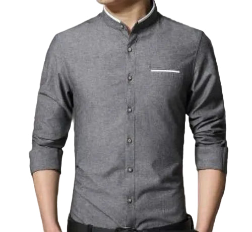 KRE PRIME men's cotton-blend Mandarin collar shirt in gray and blue