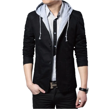 KRE PRIME men's black cotton-blend street-style blazer with removable hood
