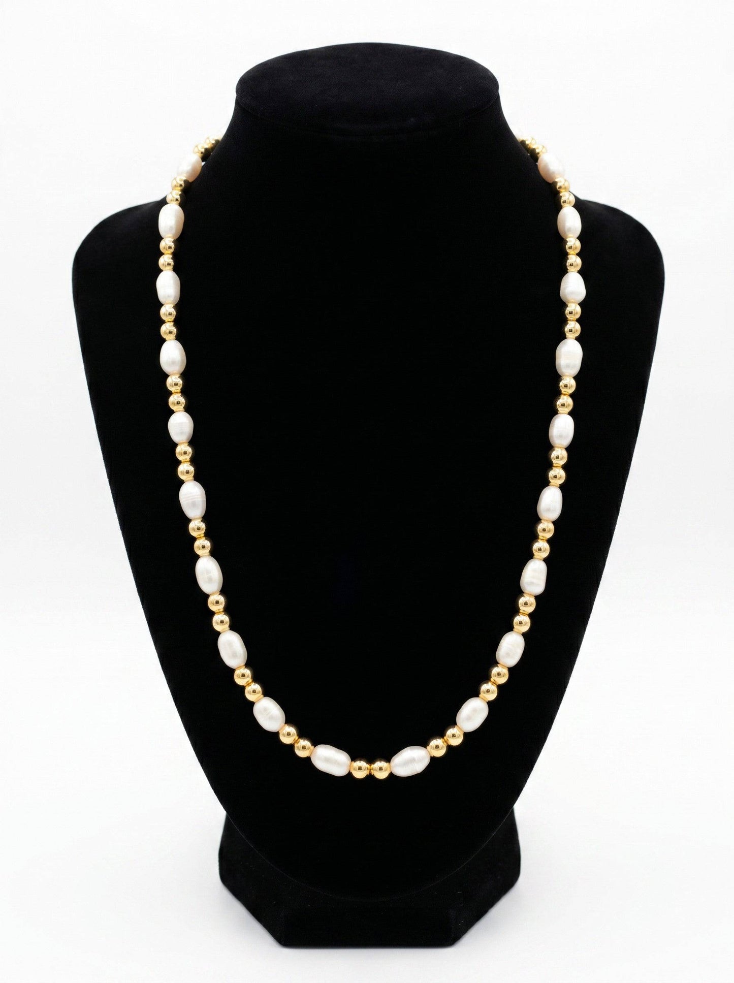 KRE PRIME women's necklace with natural white freshwater pearls and 14K gold-filled beads. Features rice-shaped pearls.