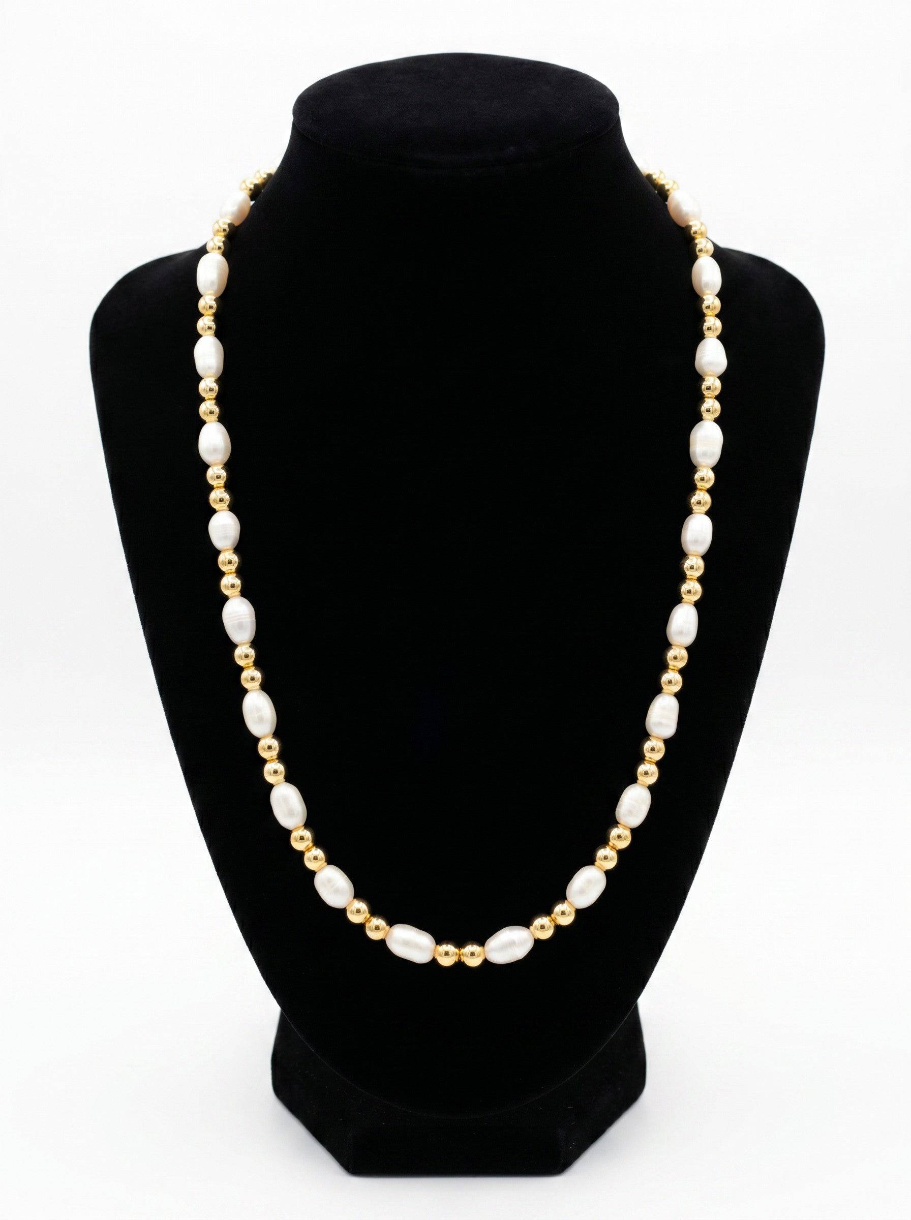 KRE PRIME women's necklace with natural white freshwater pearls and 14K gold-filled beads. Features rice-shaped pearls.